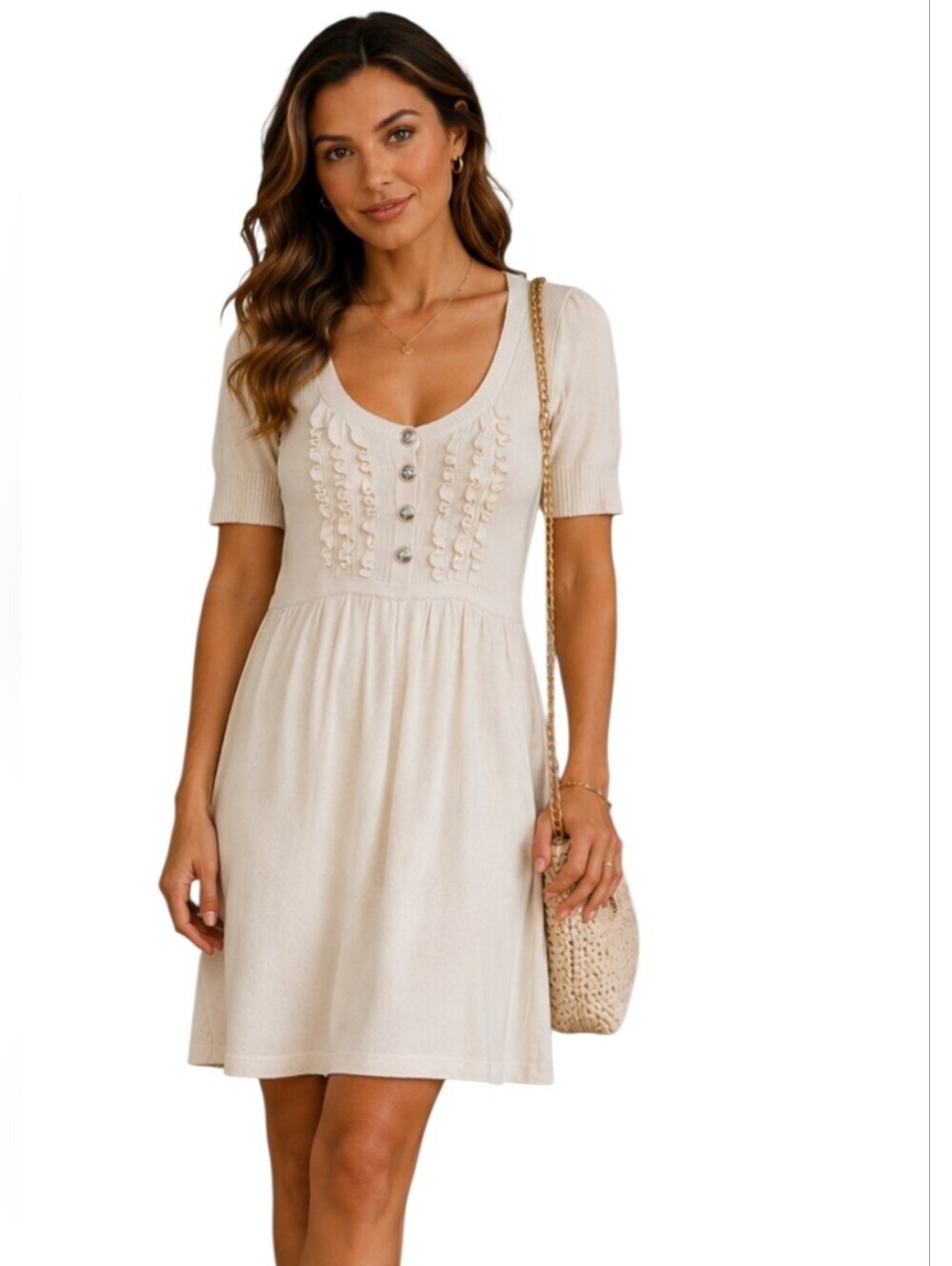 Urchin Silk Blend Knit Sweater Dress Cream Ruffle Detail Midi mini Dress Medium